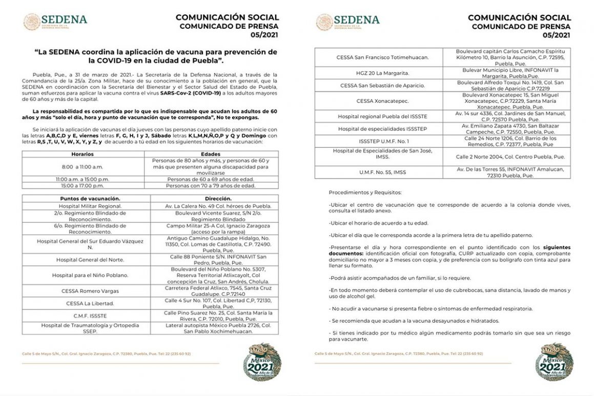 SEDENA y Salud, dan a conocer requisitos para vacunación Covid-19 Zona Norte Puebla