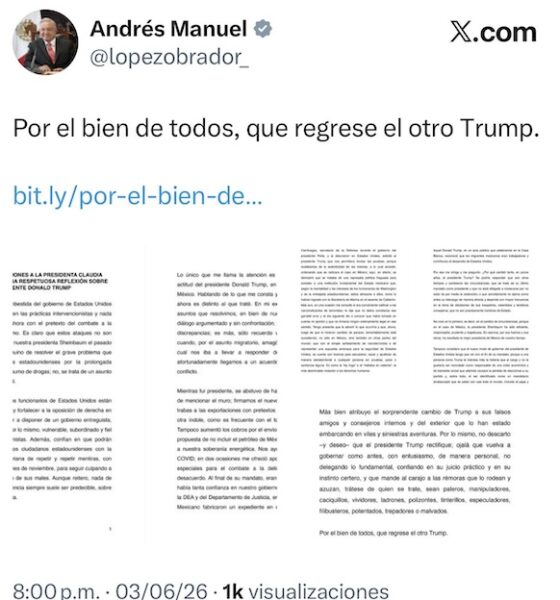 “Por el bien de todos, que regrese el otro Trump”, pide AMLO en defensa de Sheinbaum