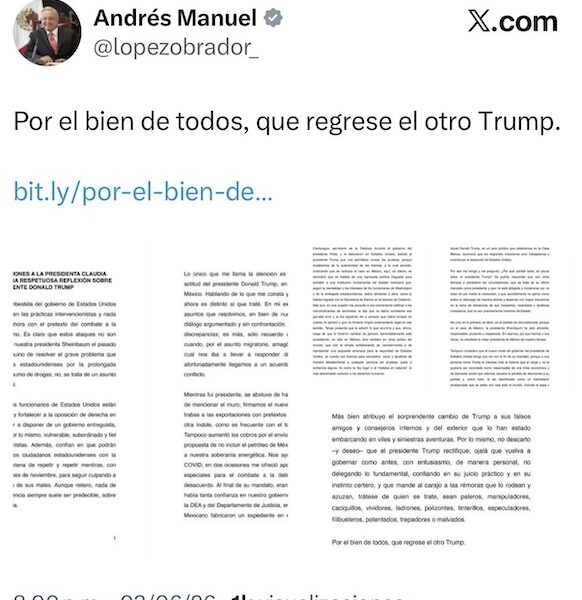 “Por el bien de todos, que regrese el otro Trump”, pide AMLO en defensa de Sheinbaum