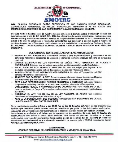 Transportistas anuncian bloqueos de carreteras este miércoles 24