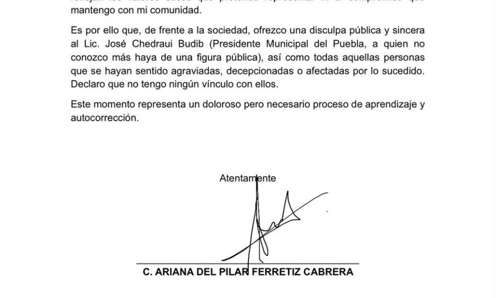 Ariana del Pilar Ferreriz, ofreció disculpa pública 