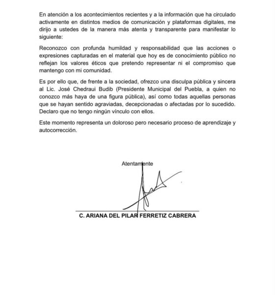 Ariana del Pilar Ferreriz, ofreció disculpa pública 