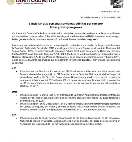 Sancionan a 39 servidores públicos por irregularidades