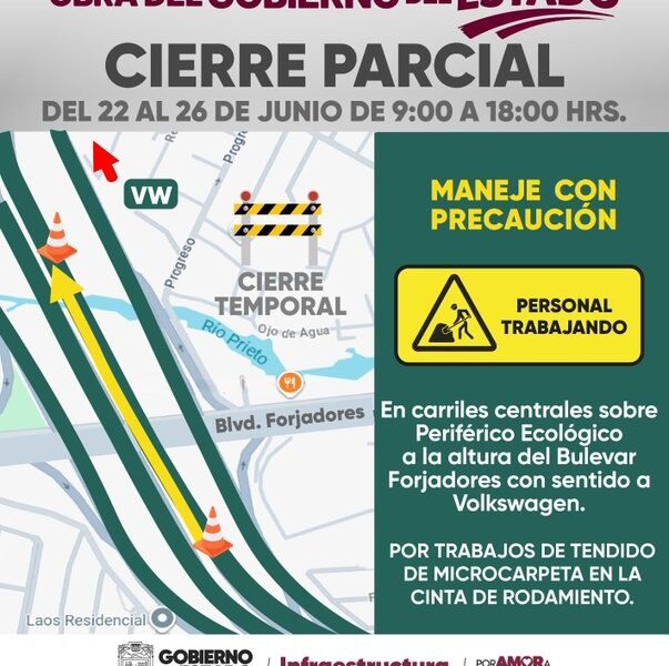 Cierre parcial en Periférico Ecológico por trabajos de rehabilitación