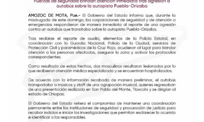 Fuerzas de seguridad brindaron atención a músicos del exvocalista Memo Garza, en la autopista Puebla-Orizaba
