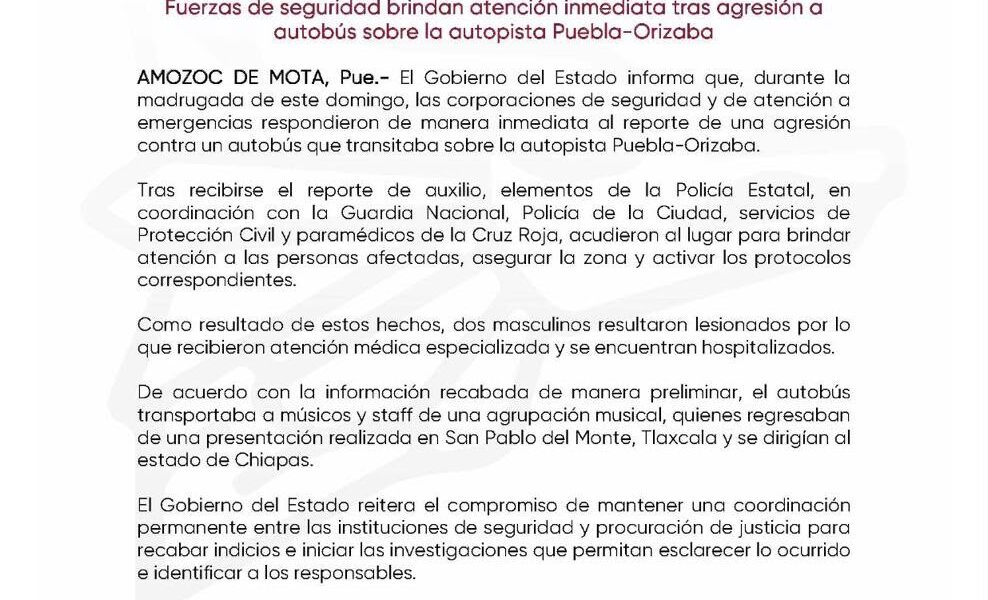 Fuerzas de seguridad brindaron atención a músicos del exvocalista Memo Garza, en la autopista Puebla-Orizaba