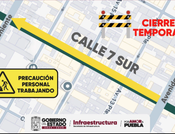 Cierre vial en la Calle 7 Sur de Puebla por obras de pavimentación