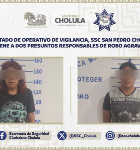 SSC de San Pedro Cholula detiene a dos presuntos responsables de robo agravado en Zerezotla