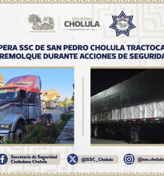 Recupera SSC de San Pedro Cholula tractocamión y remolque con reporte de robo