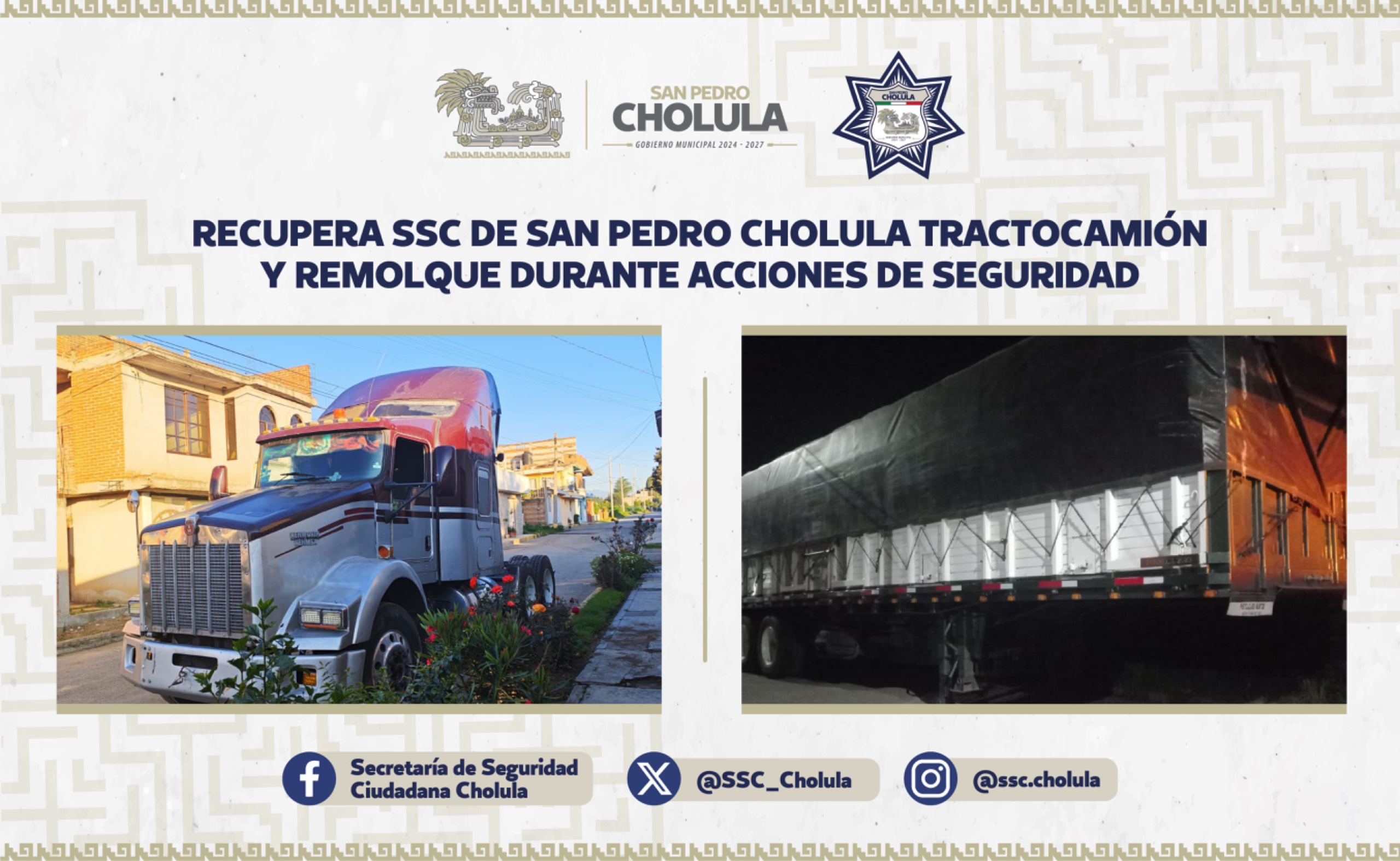 Recupera SSC de San Pedro Cholula tractocamión y remolque con reporte de robo