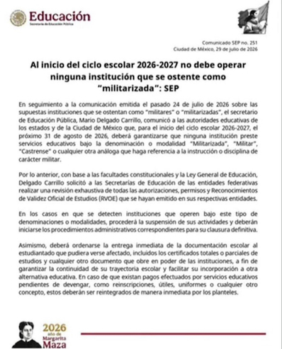 SEP ordena a autoridades estatales  cerrar todas las escuelas que se ostenten como “militarizadas”