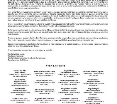 Gobernadores: reiteran el compromiso con la justicia social, la democracia y soberanía nacional.
