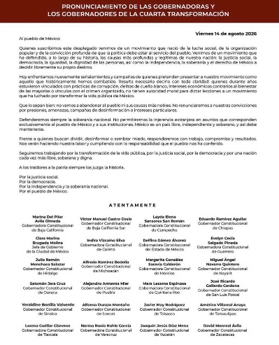 Gobernadores: reiteran el compromiso con la justicia social, la democracia y soberanía nacional.