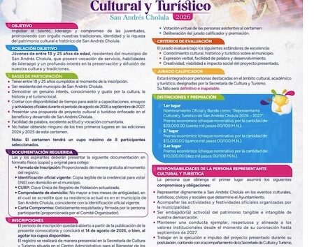 Convocan al certamen representante cultural y turismo 2026 de San Andres Cholula