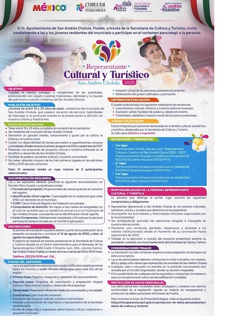 Convocan al certamen representante cultural y turismo 2026 de San Andres Cholula